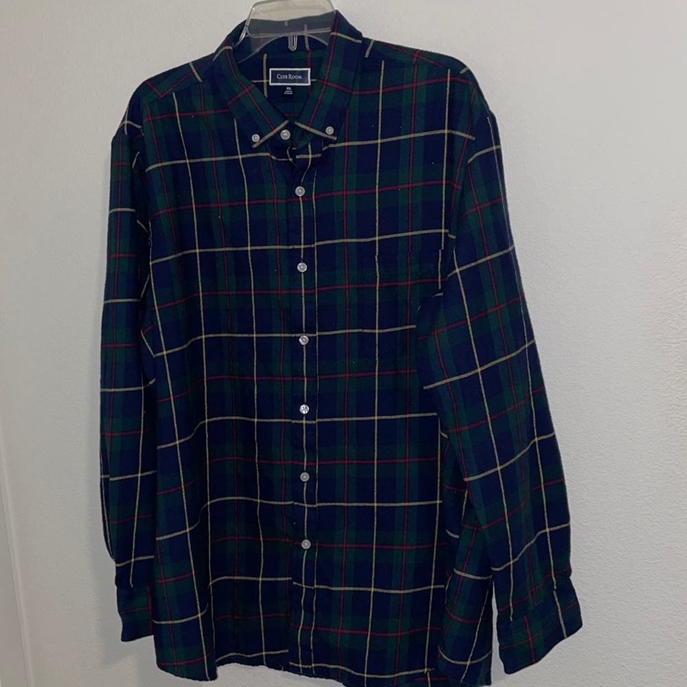 😜🏷Used men’s Club Room plaid shirt green blue yellow